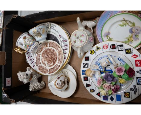 A mixed collection of items to include commemorative plates, Sadler floral teapot, pottery figures etc 