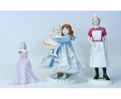 Three figures to include Royal Worcester Compton &amp; Woodhouse figure 'LOVE', Coalport 'Caroline', 'Nurses League Golden Ju