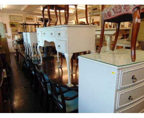 White dressing table, six drawer chest of drawers, two white bedside cabinets