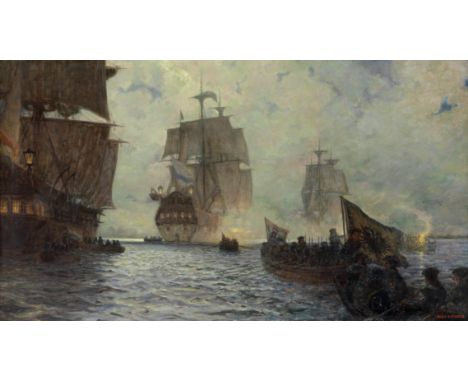 Alexander Kircher (German, 1867-1939)The Austro-Hungarian fleet  signed '.ALEX.KIRCHER.' (lower right)oil on canvas86 x 151.1