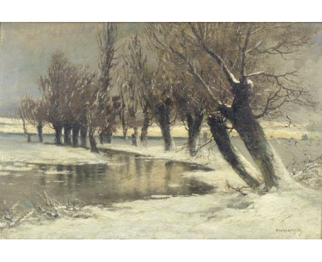 László Mednyánszky (Hungarian, 1852-1919)A tree lined river in winter signed 'Mednyánszky' (lower right)oil on canvas laid to