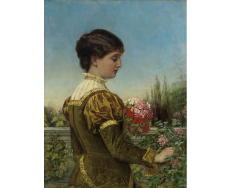 Catherine  Amyot (Danish, 1845-1926)Portrait of a lady picking flowerssigned and dated 'C amyot/1883' (lower left) oil on can