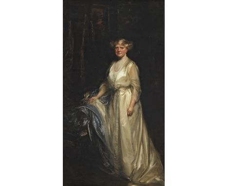 Sir James Jebusa Shannon, RA, RBA, RHA (British, 1862-1923)Portrait of a lady, standing full-length, in a cream dress, restin