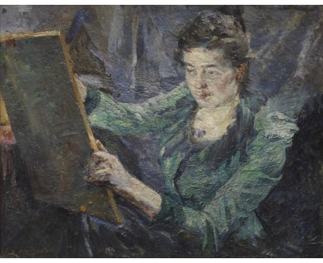 Raphael Lewisohn (German, 1863-1923)Mary Cassatt in her studio signed 'R. Lewisohn' (lower left)oil on board62 x 78cm (24 7/1