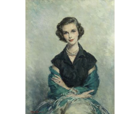 Simon Elwes (British, 1902-1975)Portrait of Susan Leslie in a blue shawlsigned and dated 'Simon Elwes 55' (lower left) oil on