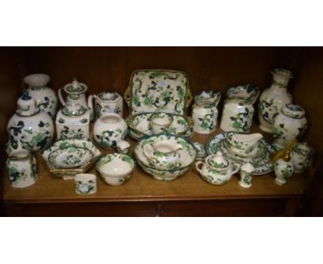  THIRTY FIVE PIECES OF MASONS CHARTREUSE PATTERN IRONSTONE TABLEWARE. Comprising jugs, vases, jars and covers, bowls and plat
