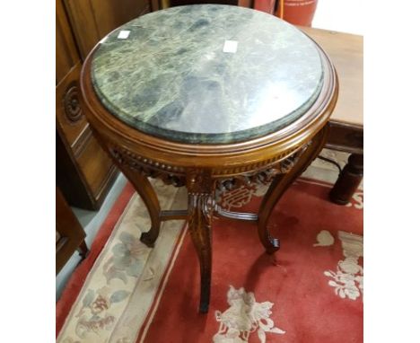 A MAHOGANY LAMP TABLE. Nineteenth century style. O.R.M. With circular green marble top above a pierced and carved frieze. Rai