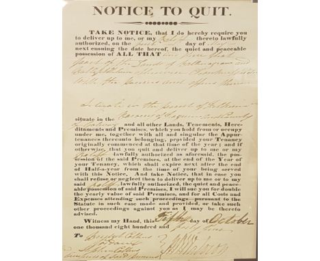 A NINETEENTH CENTURY NOTICE TO QUIT. Part manuscript and print. Dated first day of May 1845. Witness signature fifth day of O