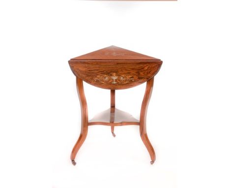 AN EDWARDIAN INLAID ROSEWOOD OCCASIONAL TABLE, with three demi-lune flaps. Each flap of marquetry inlay with etched bone and 