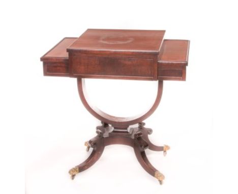 A REGENCY PERIOD ROSEWOOD LADIES WORK-TABLE. Square centre top, above a frieze drawer, and flanked to either side with two st