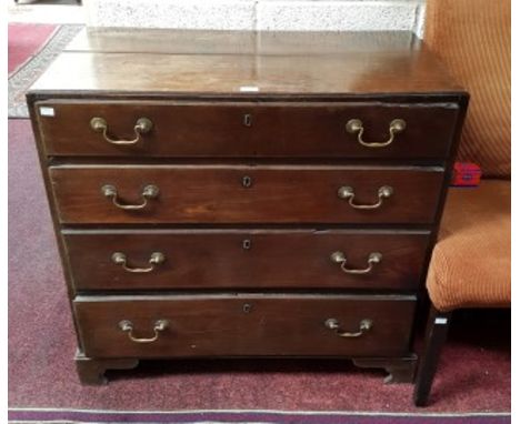 A GEORGE III  MAHOGANY CHEST, with four long graduating drawers and brass handles, on bracket feet. As is. 36in (92cm). (1)