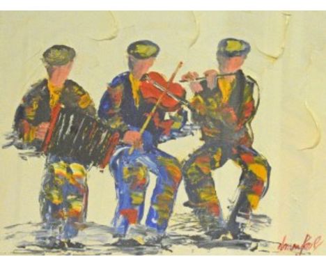 DARREN PAUL (B.1944). 'Musical Trio - Accordion Player, Fiddle Player and Flautist.' Oils on board. 12" (31cm) high x 16" (41