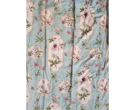 TWO PAIRS OF VERY ATTRACTIVE LIGHT-GREEN GROUND, LINED AND INTERLINED CURTAINS. All-over floral pattern within ivory panels. 