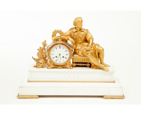 A FINE 19TH CENTURY GILT BRASS AND WHITE MARBLE MANTLE CLOCK. By Japy Freres of Paris. The lever movement with outside count 