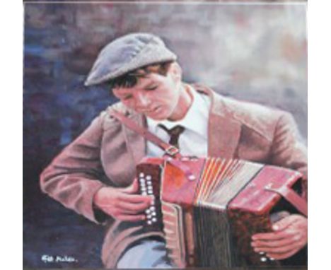 PAT MAHER (TWENTIETH AND TWENTY FIRST CENTURY). 'At the Fish, Young Man Playing the Accordion.' Oils on panel. Signed lower l