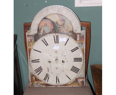 A 19TH CENTURY LONGCASE CLOCK FACE. Arched dial with moon phases and shipping scenes, above circular dial with Roman numerals