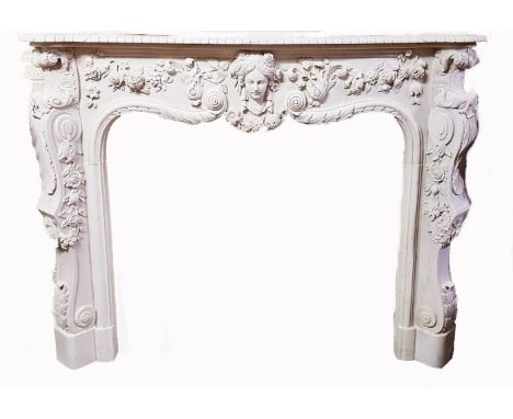 A VERY FINE LARGE CARVED VICTORIAN STYLE WHITE MARBLE FIREPLACE. Gadroon-moulded shaped-shelf above a shaped frieze. Central 