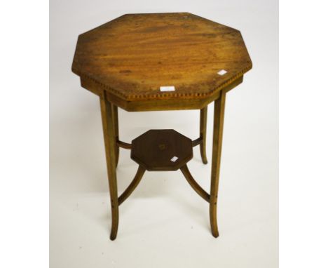 A SMALL OCTAGONAL INLAID MAHOGANY OCCASIONAL TABLE, with conforming stretcher shelf. Raised on square tapering slightly curve