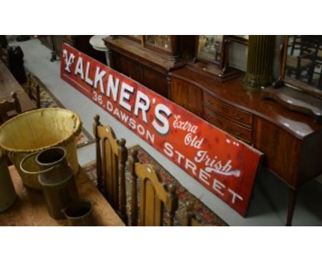A VERY LARGE OLD ENAMEL ADVERTISING SIGN. Valkner's Extra Old Irish, 36 Dawsons Street. 24.25” (62cm) high x 14ft (427cm) wid