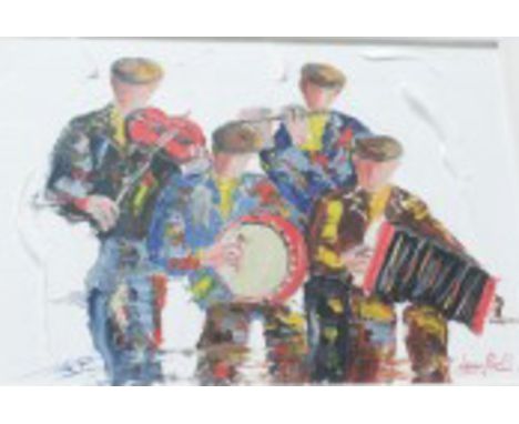 DARREN PAUL (B.1944). 'Trad Session with Quartet.' A musical scene with fiddle, flute, bodhran and accordion players. Oils on