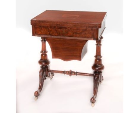 A VICTORIAN TUNBRIDGE WALNUT LADIES WORK GAMES TABLE. Top with an inlaid parquetry band and a rectangular centre panel, depic