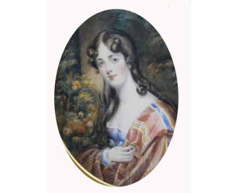 A NINETEENTH CENTURY CONTINENTAL SCHOOL. 'Oval Portrait of a Lady.' Depicted with colourful shawl and long curling hair. Wate