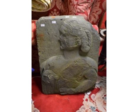  A VERY HEAVY CARVED LIMESTONE RELIEF PORTRAIT OF A WOMAN. In profile facing right, head and shoulders and arm. 28.5" (73cm) 