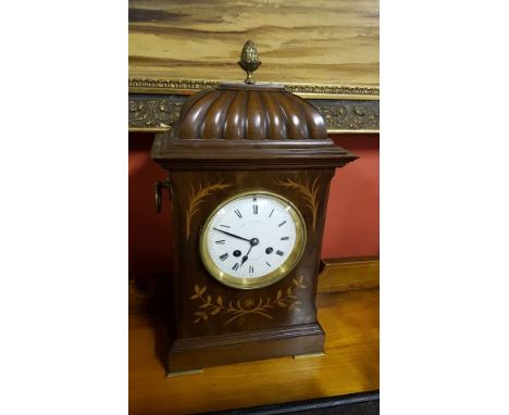 AN ATTRACTIVE INLAID MAHOGANY BRACKET CLOCK. Late nineteenth century. With French movement and white enamel dial, with Roman 