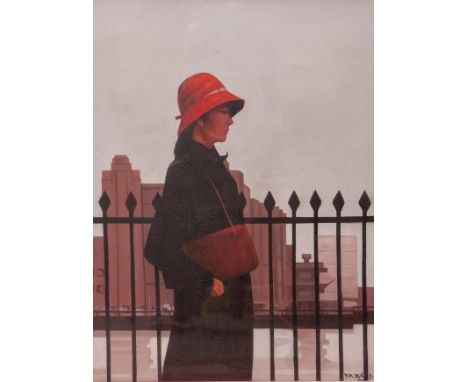 D.K. WOODS (TWENTIETH AND TWENTY FIRST CENTURY). 'The Red Hat.' Woman standing by a railing. Signed lower right.  22.5" (57cm