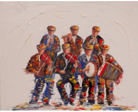 DARREN PAUL (B.1944). 'The Music Session.' Seven musicians playing fiddles, bodhran, accordion and flutes. Acrylic on canvas.