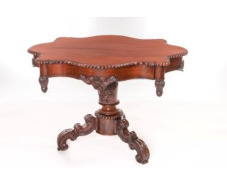 AN ATTRACTIVE GOOD QUALITY VICTORIAN STYLE ROSEWOOD CENTRE-TABLE. Serpentine shaped top with a gadroon edge, raised on an oct