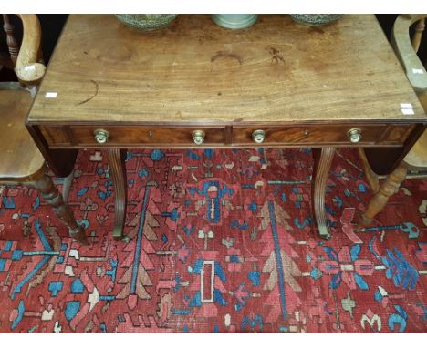 A REGENCY PERIOD MAHOGANY DROP-LEAF SOFA TABLE, with good patina. Two frieze drawers flanked to either side with D-shaped fla