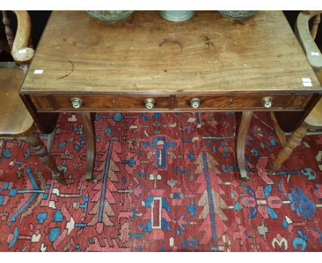 A REGENCY PERIOD MAHOGANY DROP-LEAF SOFA TABLE, with good patina. Two frieze drawers flanked to either side with D-shaped fla