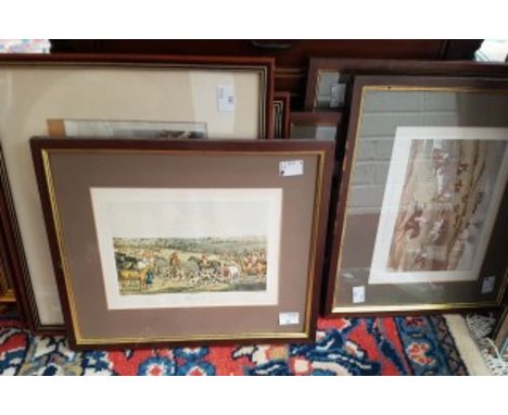 A COLLECTION OF COLOURED ARCHITECTURAL PRINTS, PLANS, ELEVATIONS, all framed. TOGETHER with a set of four coloured hunting pr