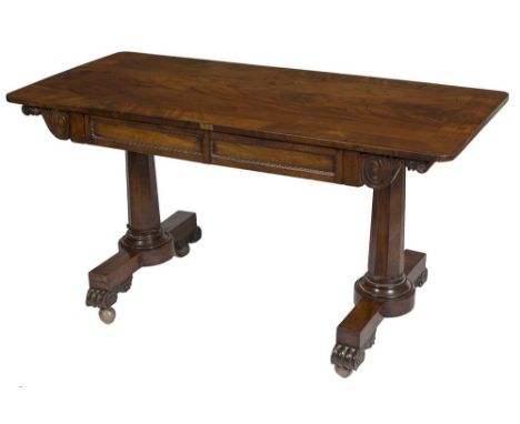 AN EARLY VICTORIAN MAHOGANY AND CROSS-BANDED CENTRE OR SOFA TABLE. Rectangular top with rounded corners above two frieze draw