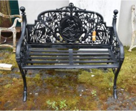 A HEAVY CAST IRON GARDEN BENCH. The back with a portrait of a classical woman holding a dove in relief, issuing scrolling fol