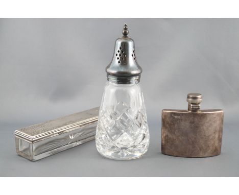 A silver shaped hip flask, of small form with bayonet lock cap, London 1915, 8cm high, with a glass and silver dressing box a