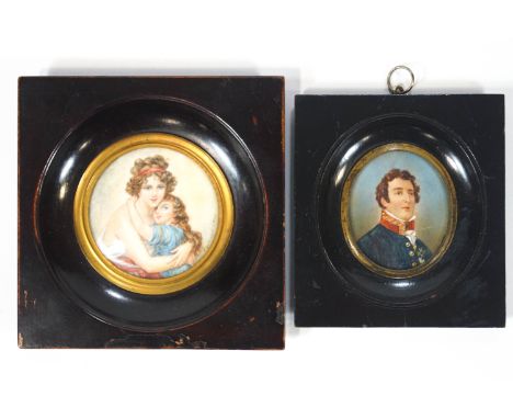 A 20th century French Portrait miniature of a mother and child, signed indistinctly, overall 13.5cm x 13.5cm, together with a
