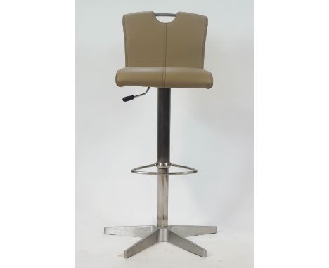 An Aktuell aluminium and leather adjustable bar stool, upholstered in a light coffee shade and set with a grab handle, 105cm 