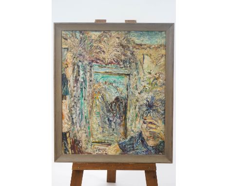 Textural oil painting in heavy impasto, Portrait in an interior, indistinctly signed and dated '61 lower right, and possibly 