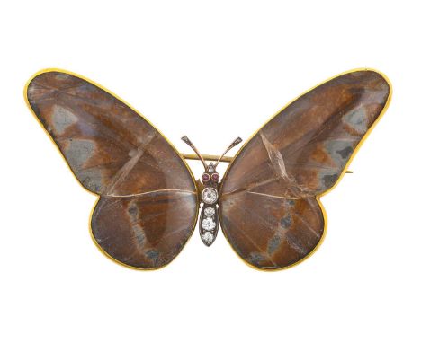 An Early 20th Century French Butterfly Broochthe glazed wings set throughout with natural butterfly wings in yellow rubbed ov