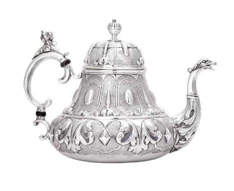 A Victorian Silver Teapot,  by Robert Hennell, London, 1838 in the Dutch early 18th century style, tapering cylindrical and c