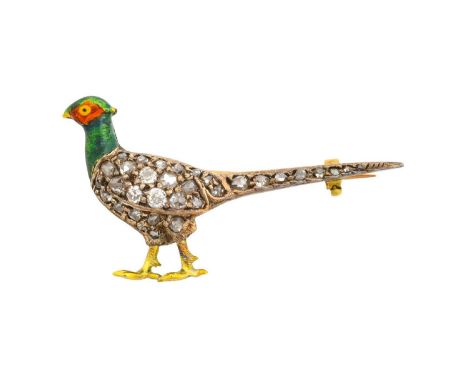 A Victorian Diamond and Enamel Pheasant Brooch realistically modelled in a standing pose, set throughout with rose cut and ol