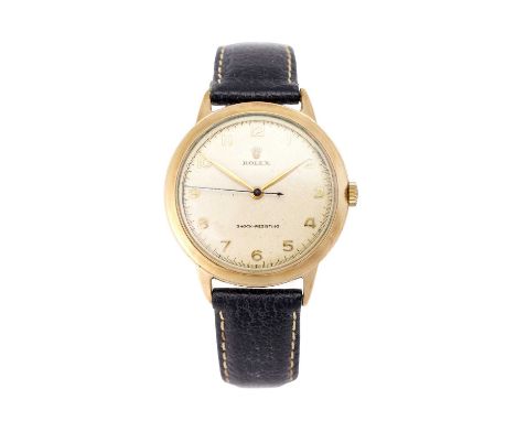 Rolex: A 9 Carat Gold Centre Seconds Wristwatch, signed Rolex, Shock-Resisting, 1952, manual wound lever movement signed, sil
