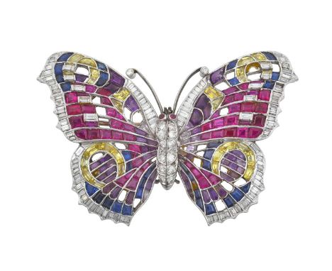 An Art Deco Ruby, Diamond, Blue, Purple and Yellow Sapphire Brooch, circa 1935realistically modelled as a butterfly, the body