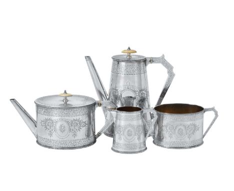 A Four-Piece Victorian Silver Tea and Coffee-Service,  by Frederick Elkington, Birmingham, 1877  each piece oval or tapering 