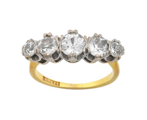 A Diamond Five Stone Ringthe graduated old cut diamonds, in white double claw settings, to a yellow tapered shoulder plain po