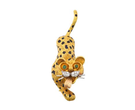 An 18 Carat Gold Diamond, Emerald and Enamel Leopard Brooch, by Kutchinskyrealistically modelled in a stalking pose, the yell