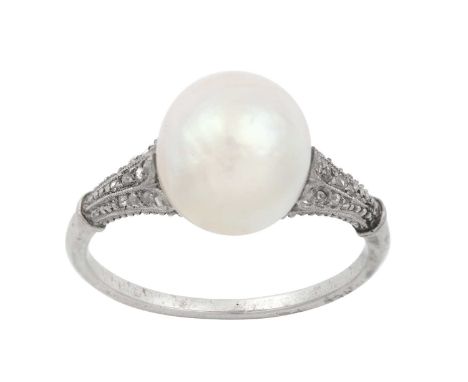 A Pearl and Diamond Ring the pearl sat centrally to fluted shoulders set throughout with rose cut diamonds, in white millegra