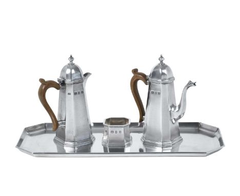 A Three-Piece George VI Silver Café-au-Lait Service With a Tray En Suite,   by H. G. Hicklenton and S. A. Phillips, London, 1